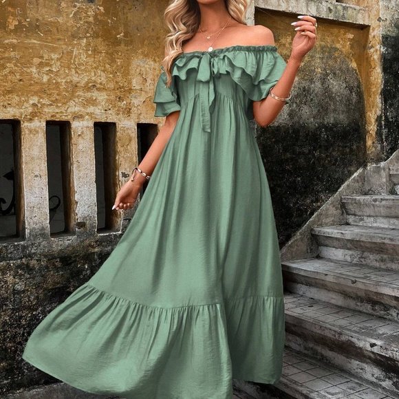 . Dresses & Skirts - Green Boho Womens Off Shoulder Ruffle Trim Tie Front Ruffle Hem Dress